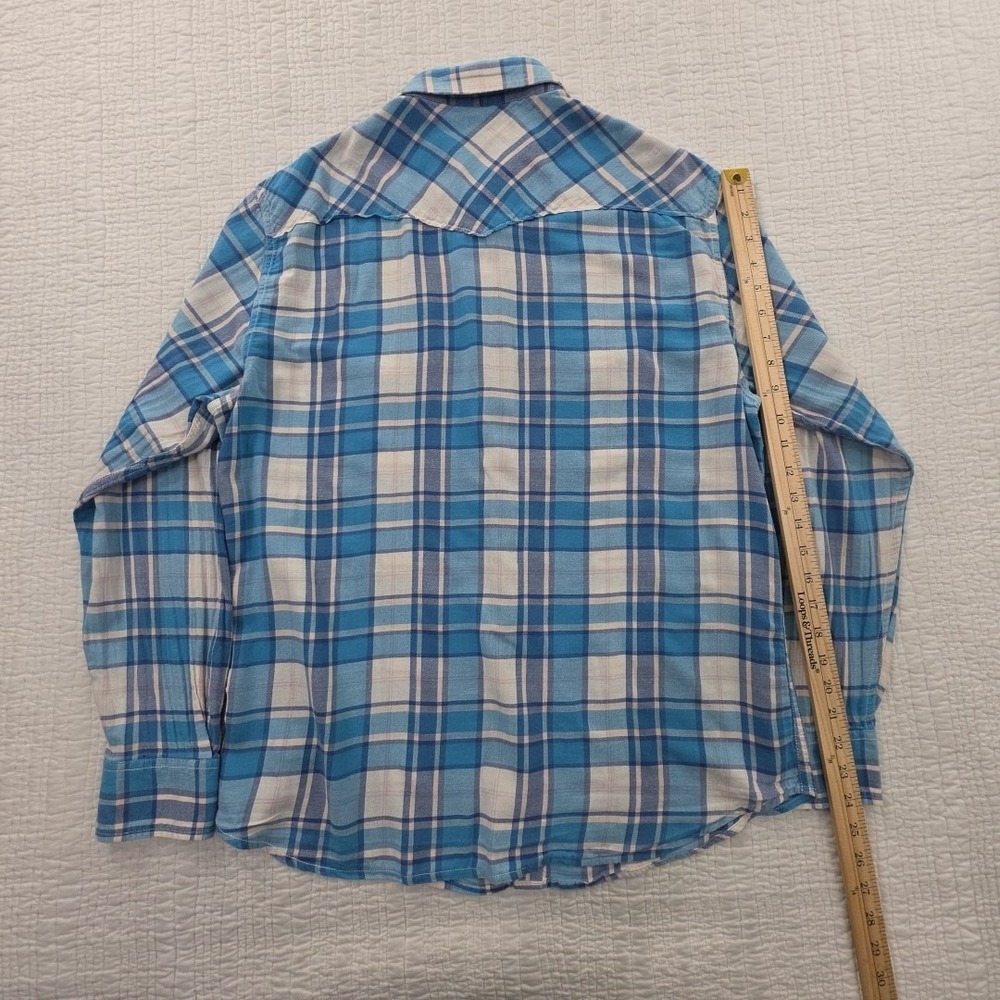 Lucky Brand Button Up Blouse Women's L Blue White Plaid Long Sleeve Pearl Snap - Picture 12 of 16